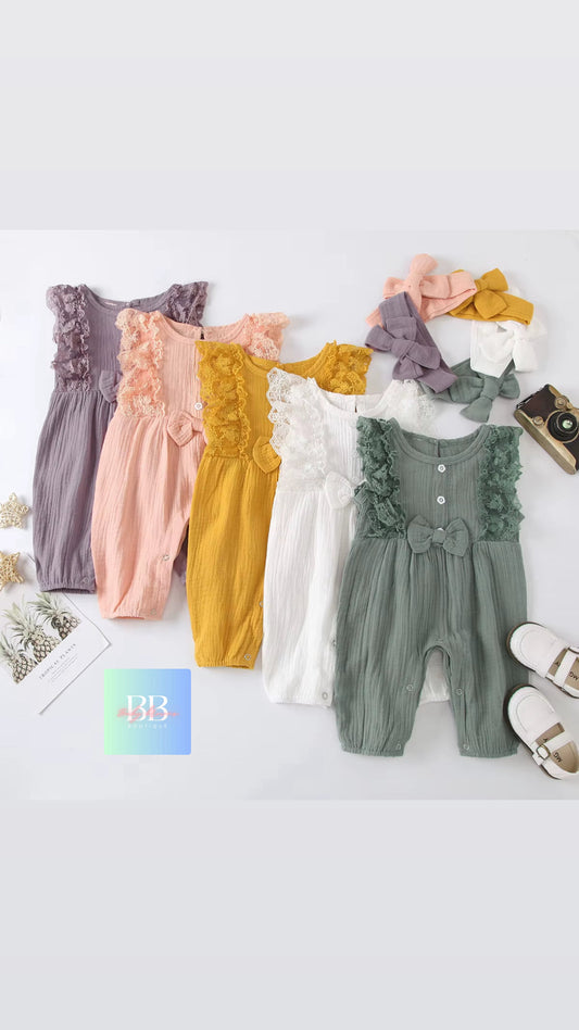 Baby/Toddler, Girls Sleeveless Romper with Lace, Cute Bow & Matching Headband. 6-24M, 5 colours.