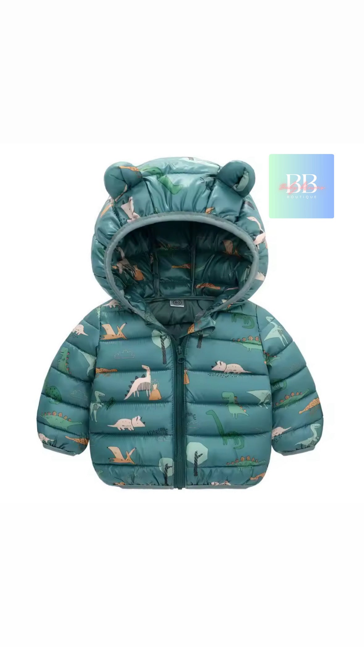 Children's teal puffer jacket with animal pattern on a white background