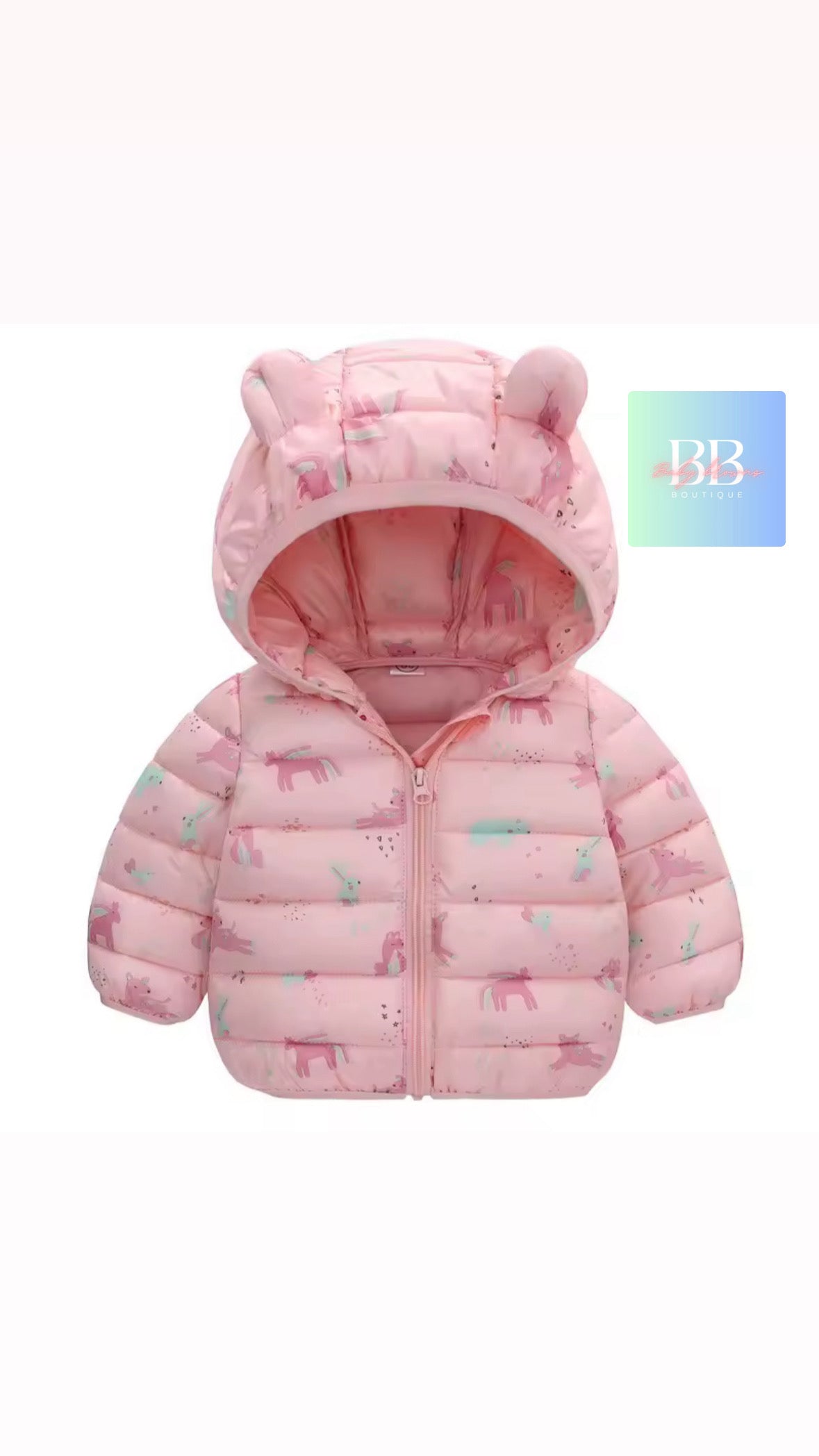 Pink children's puffer jacket with bear ears on a white background