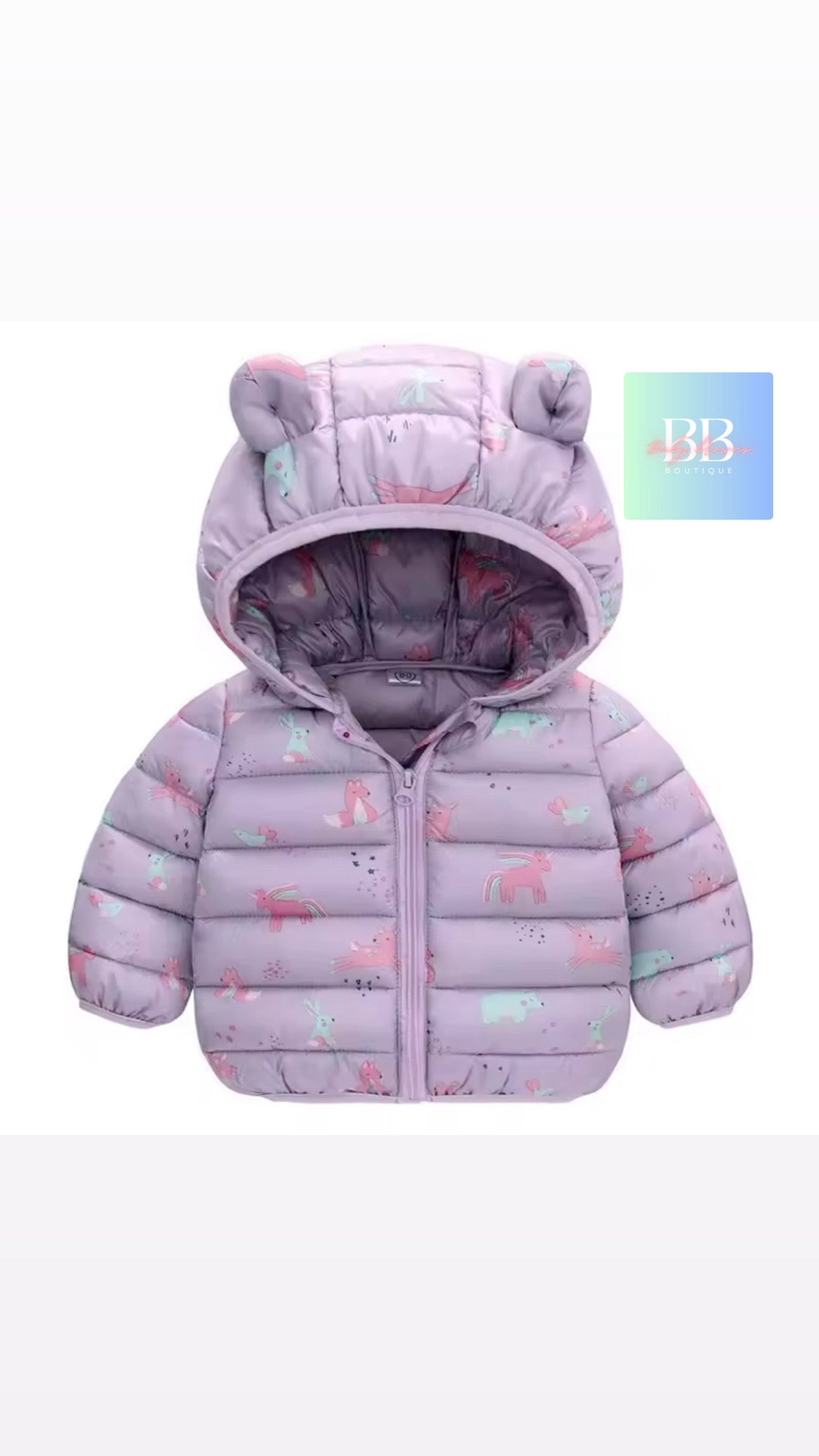Children's purple hooded jacket with bear ears on a white background