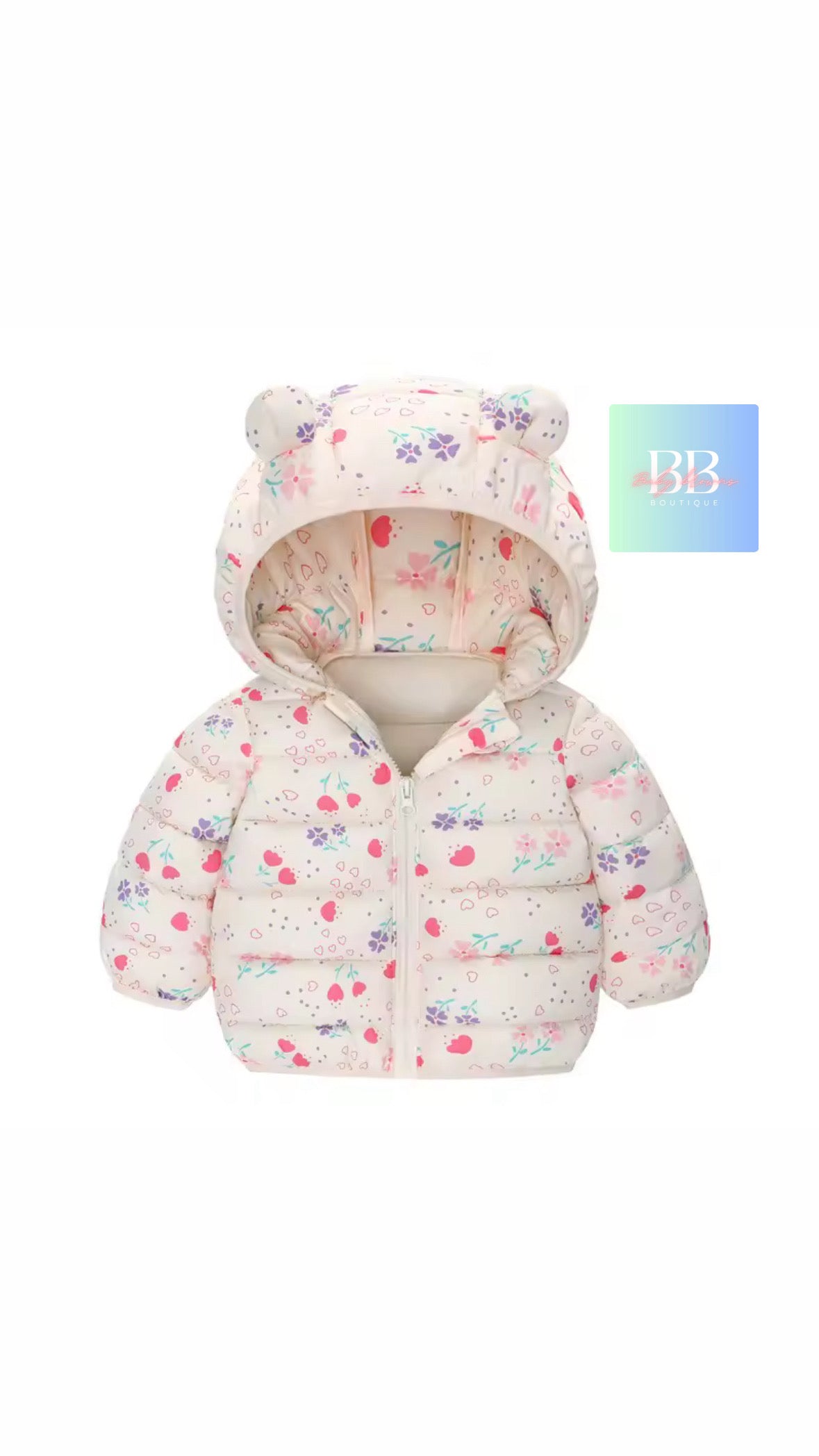 Floral-patterned baby jacket with hood on a white background