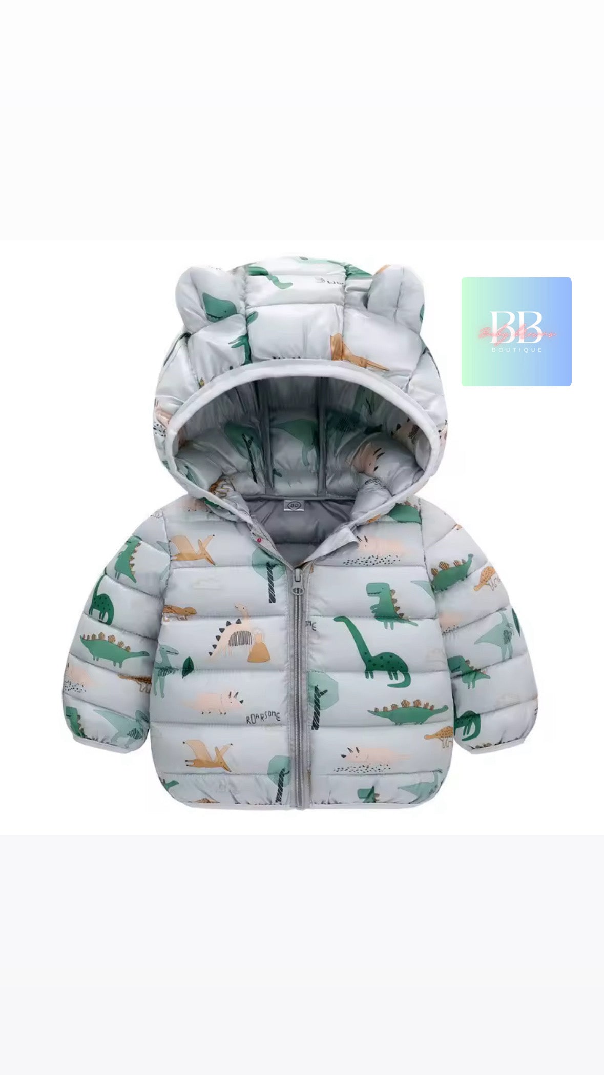 Children's puffer jacket with dinosaur pattern on a white background