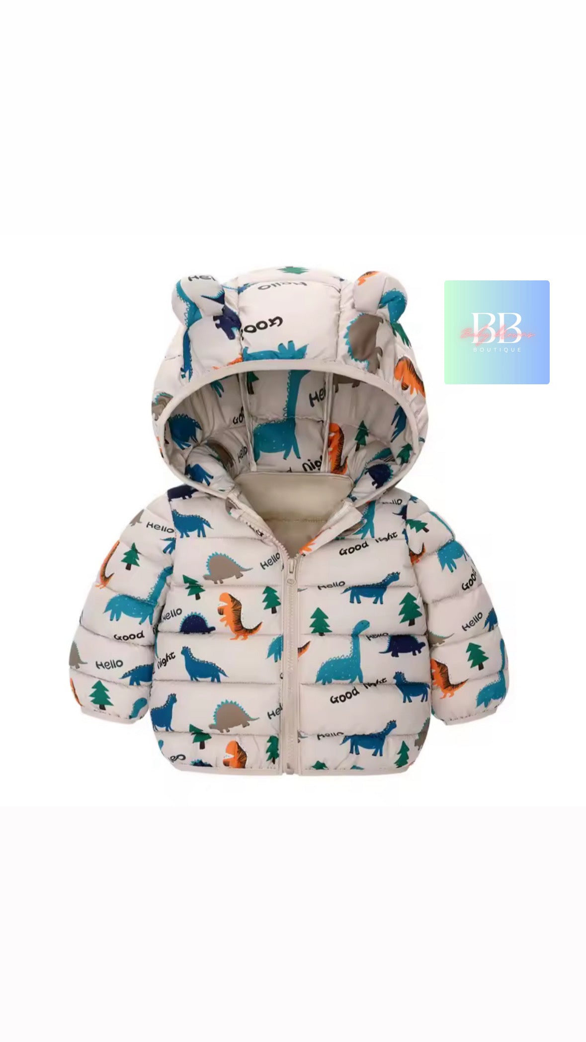 Children's puffer jacket with dinosaur pattern on a white background