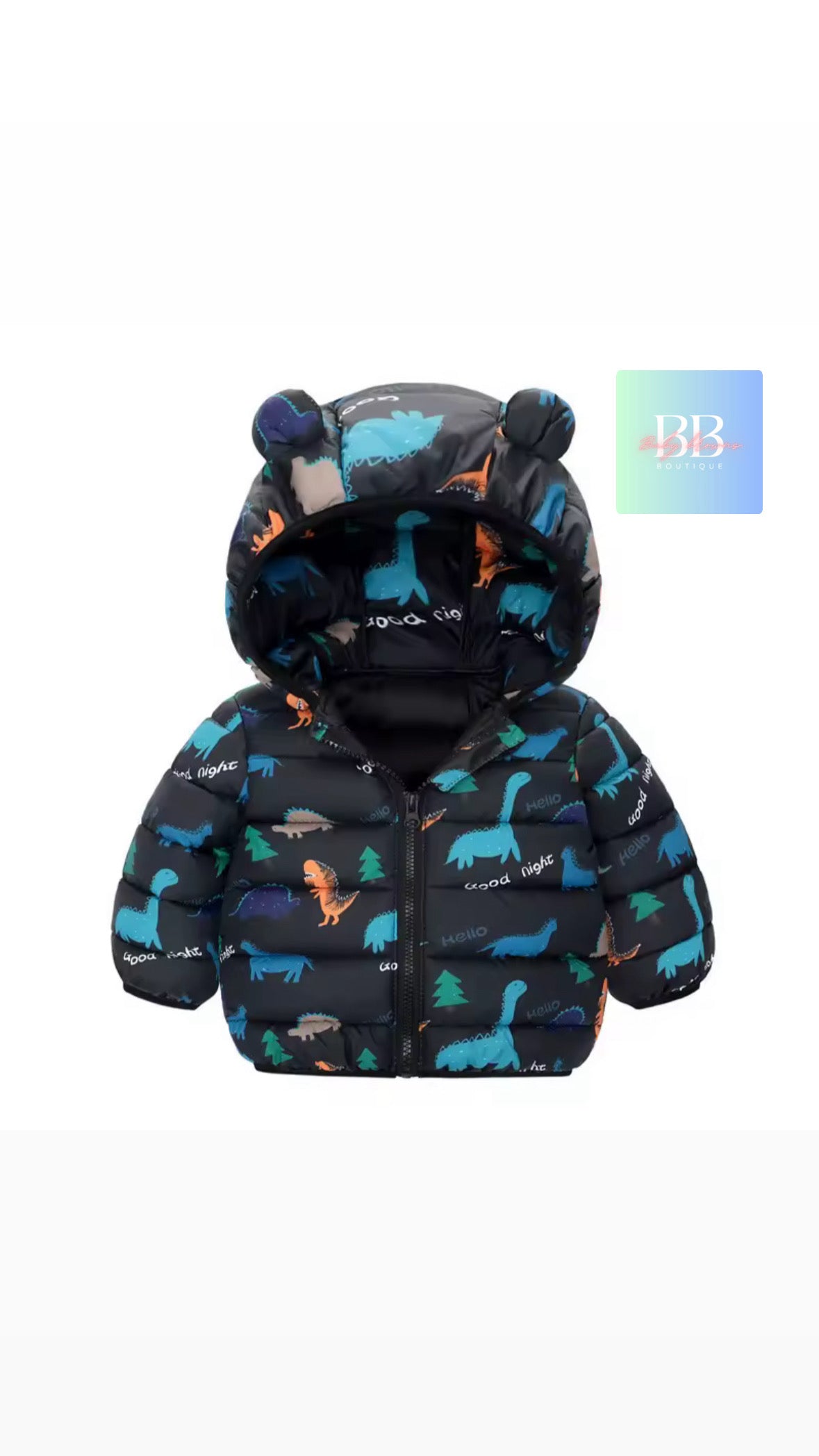Children's puffer jacket with dinosaur pattern on a white background