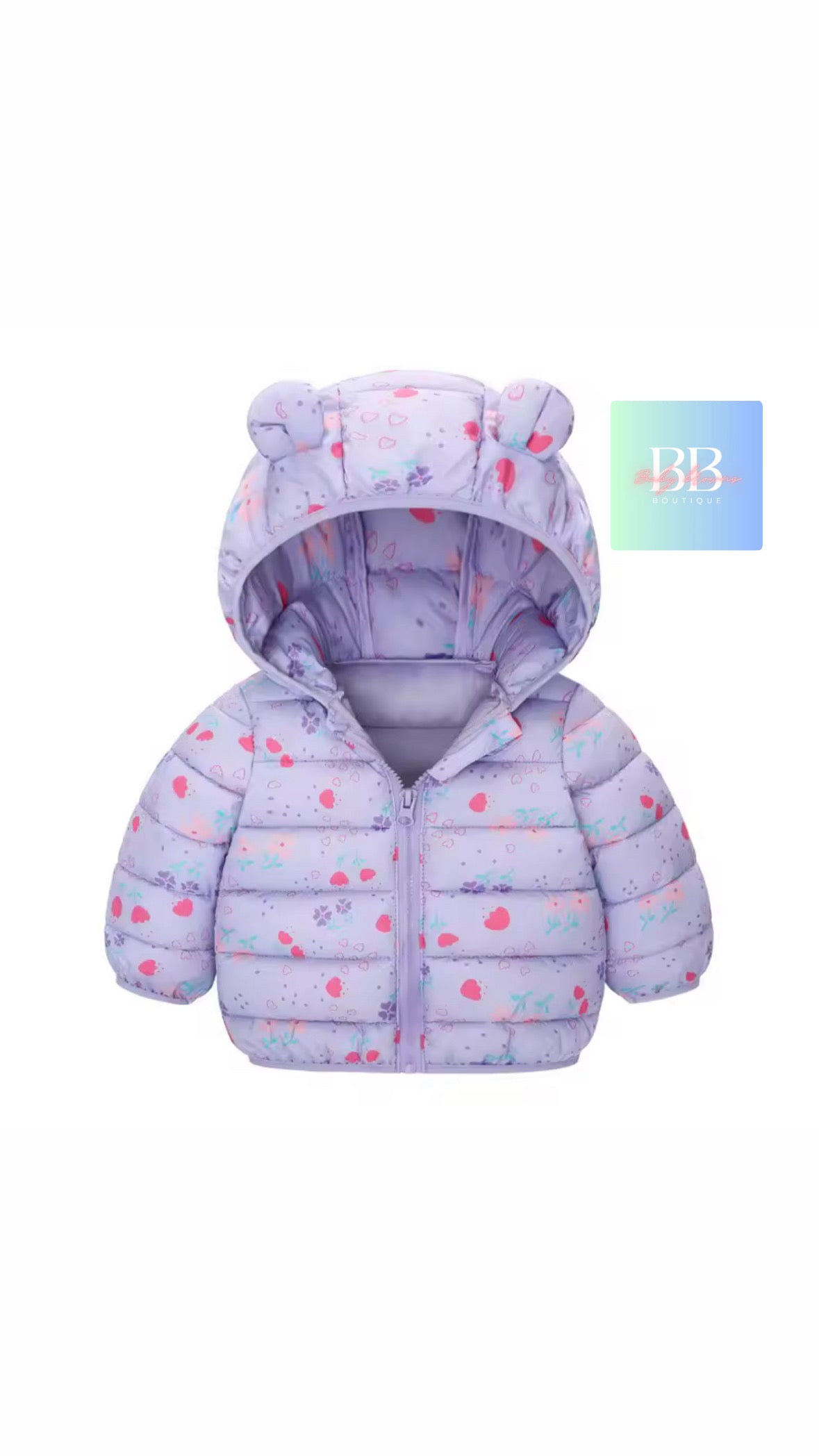 Children's purple puffer jacket with bear ears on a white background