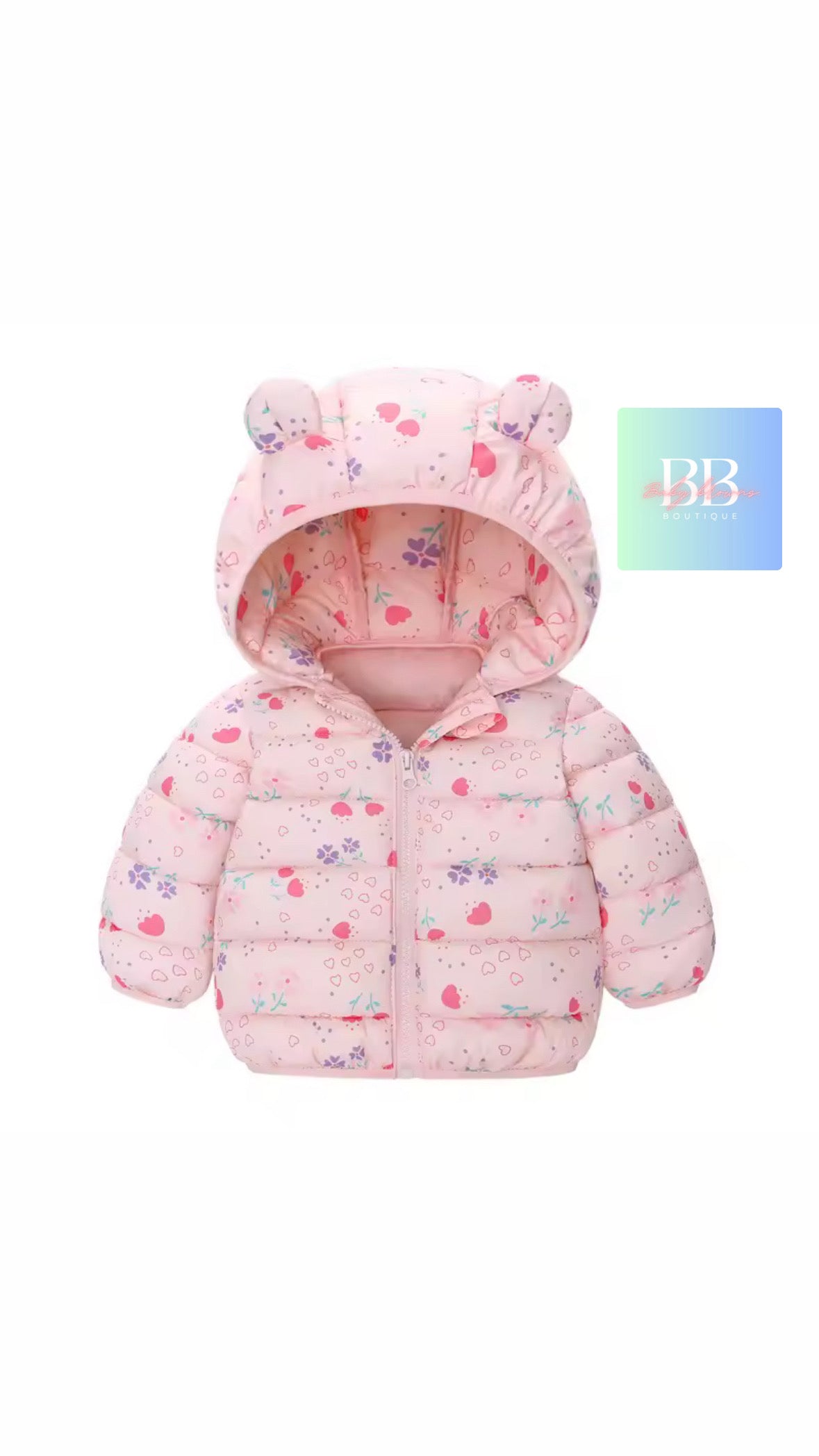 Pink children's puffer jacket with bear ears on a white background