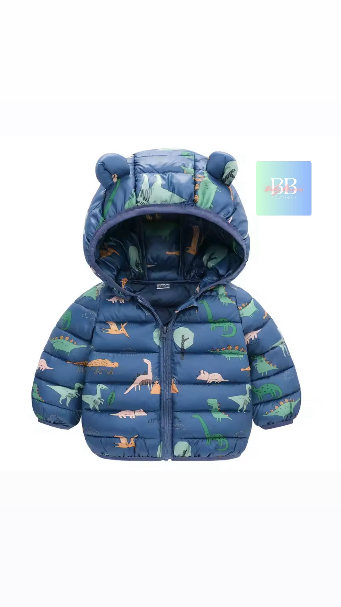 Children's blue puffer jacket with dinosaur pattern on a white background
