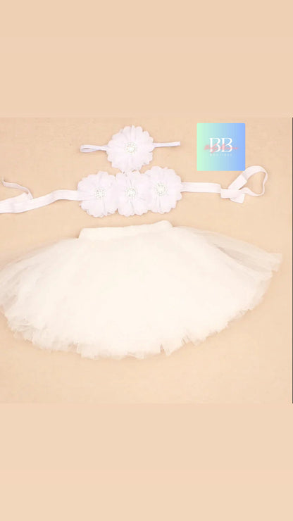 Baby Mesh Tutu & Top with Matching Flower Headband. 0-3M, 10 Colours.