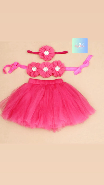 Baby Mesh Tutu & Top with Matching Flower Headband. 0-3M, 10 Colours.