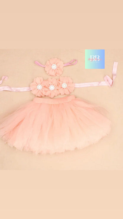 Baby Mesh Tutu & Top with Matching Flower Headband. 0-3M, 10 Colours.