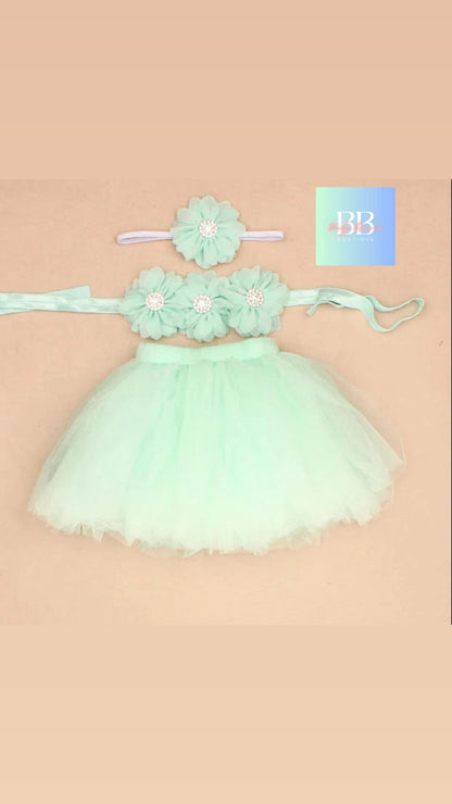 Baby Mesh Tutu & Top with Matching Flower Headband. 0-3M, 10 Colours.