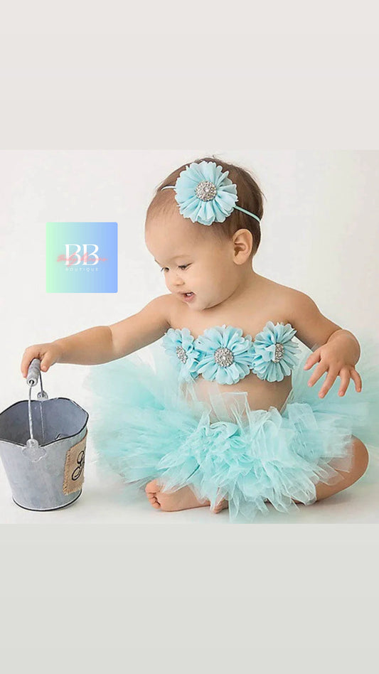 Baby Mesh Tutu & Top with Matching Flower Headband. 0-3M, 10 Colours.