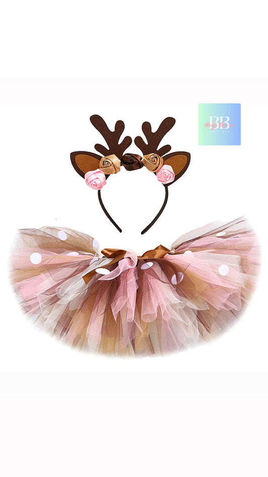 Kids Mesh Tutu with Matching Reindeer Ears Headband. 3M-14Y