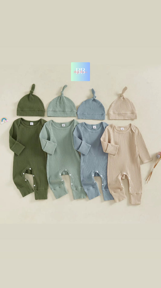 Baby/Toddler Ribbed Long Sleeve Romper with Hat. 0-12M, 4 colours available.