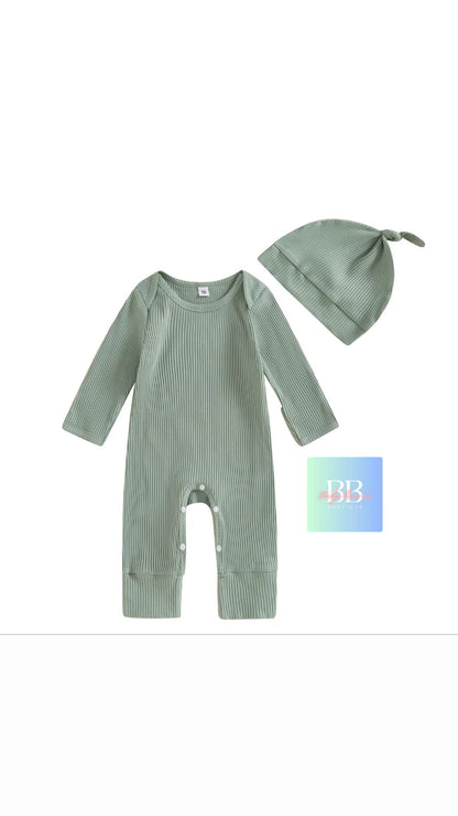 Baby/Toddler Ribbed Long Sleeve Romper with Hat. 0-12M, 4 colours available.