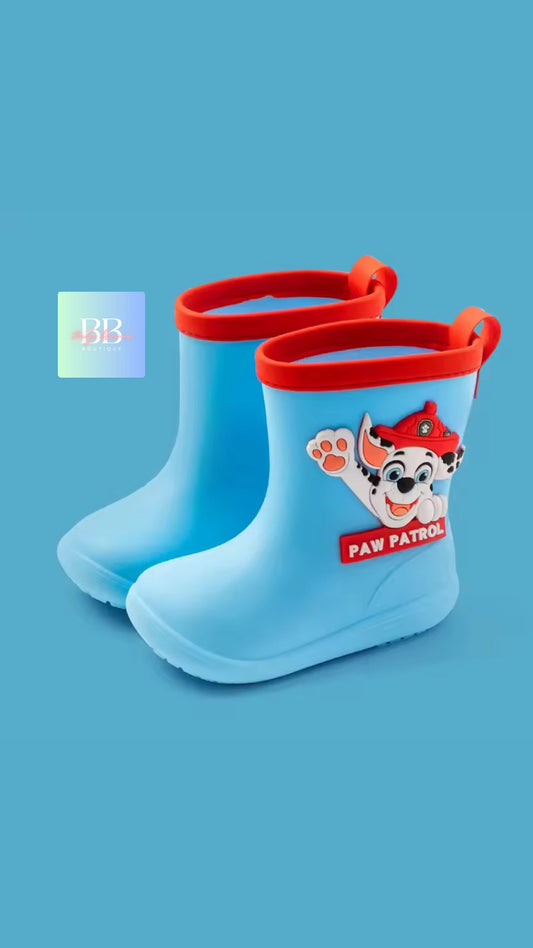 Blue rain boots with red trim featuring a cartoon character on a blue background