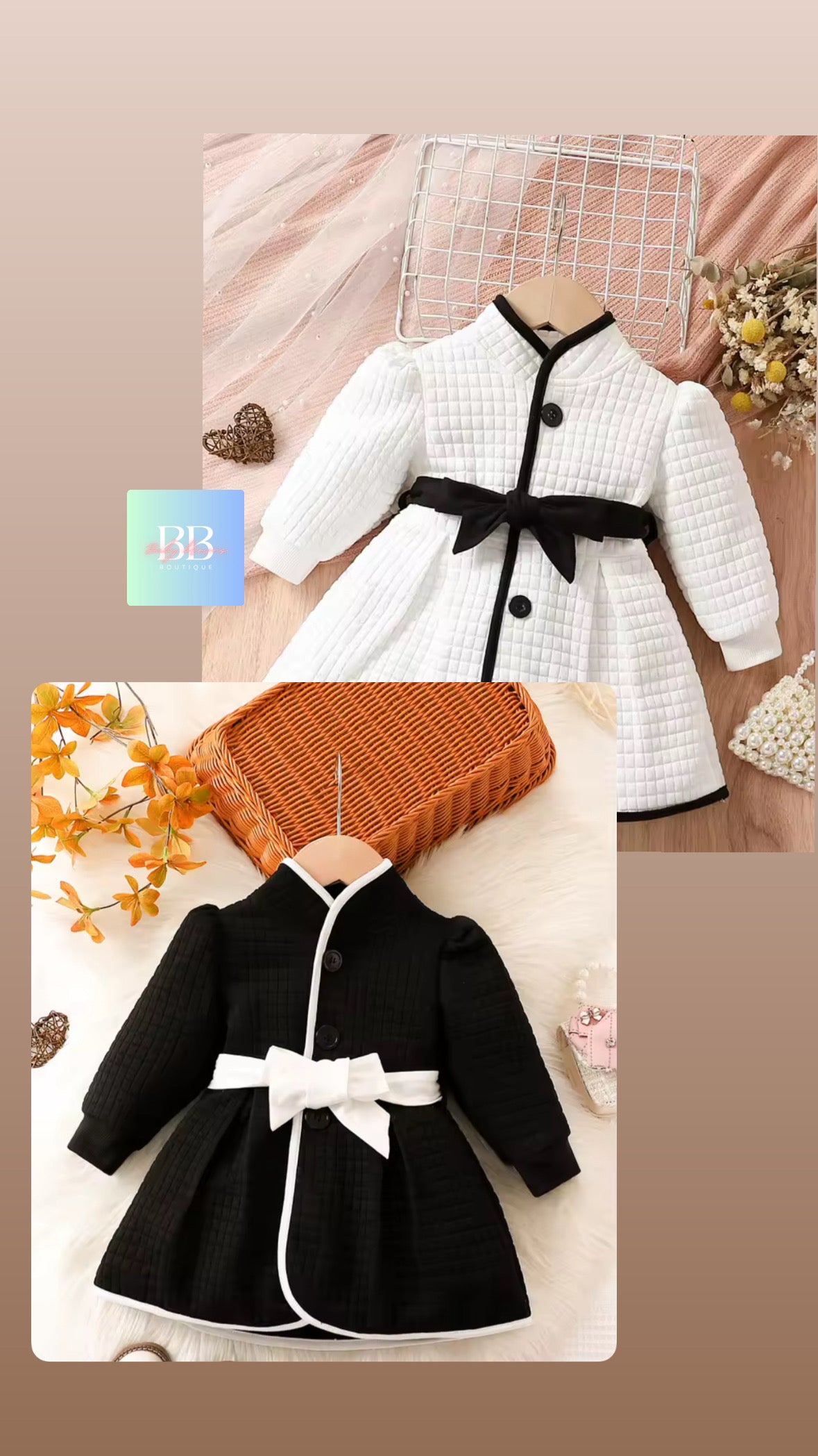White and black children's coat with a belt on a mannequin against a neutral background.