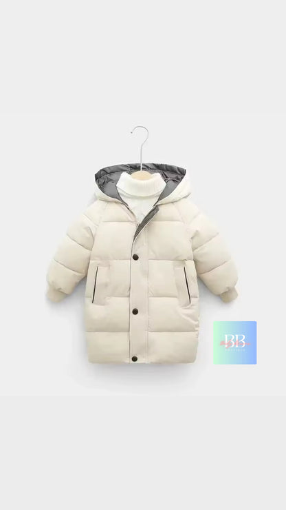 Beige children's puffer jacket on a white background