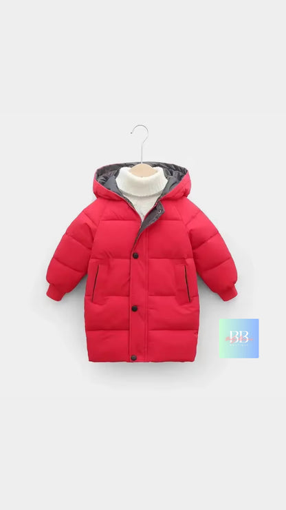 Red children's puffer jacket with a gray hood on a white background