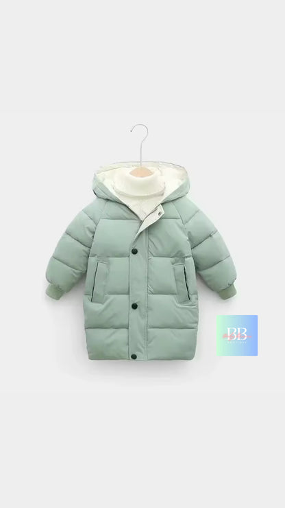 Green children's puffer jacket on a white background