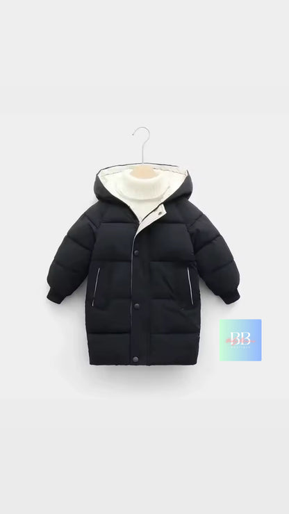 Black children's puffer jacket on a white background