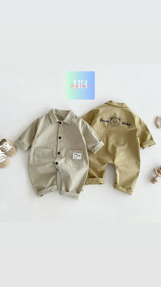 Baby/Toddler Romper with Bear Logo & Front Buttons. 2 colours, 0M-2Y.