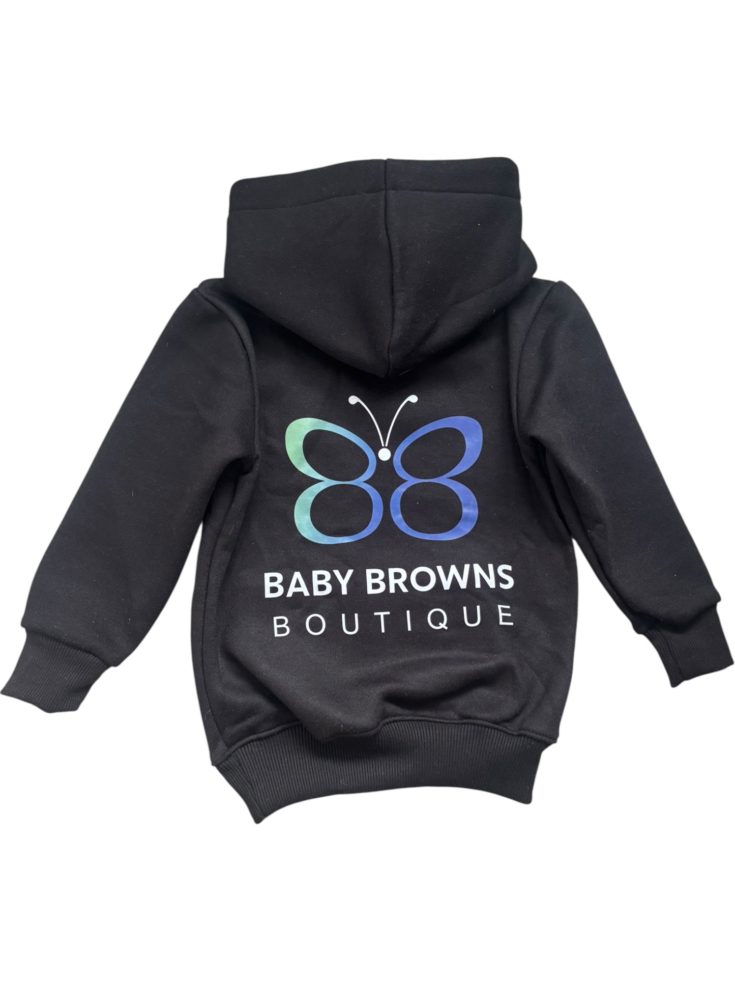 Black hoodie with a butterfly logo and 'Baby Browns Boutique' text on the back, on a white background.
