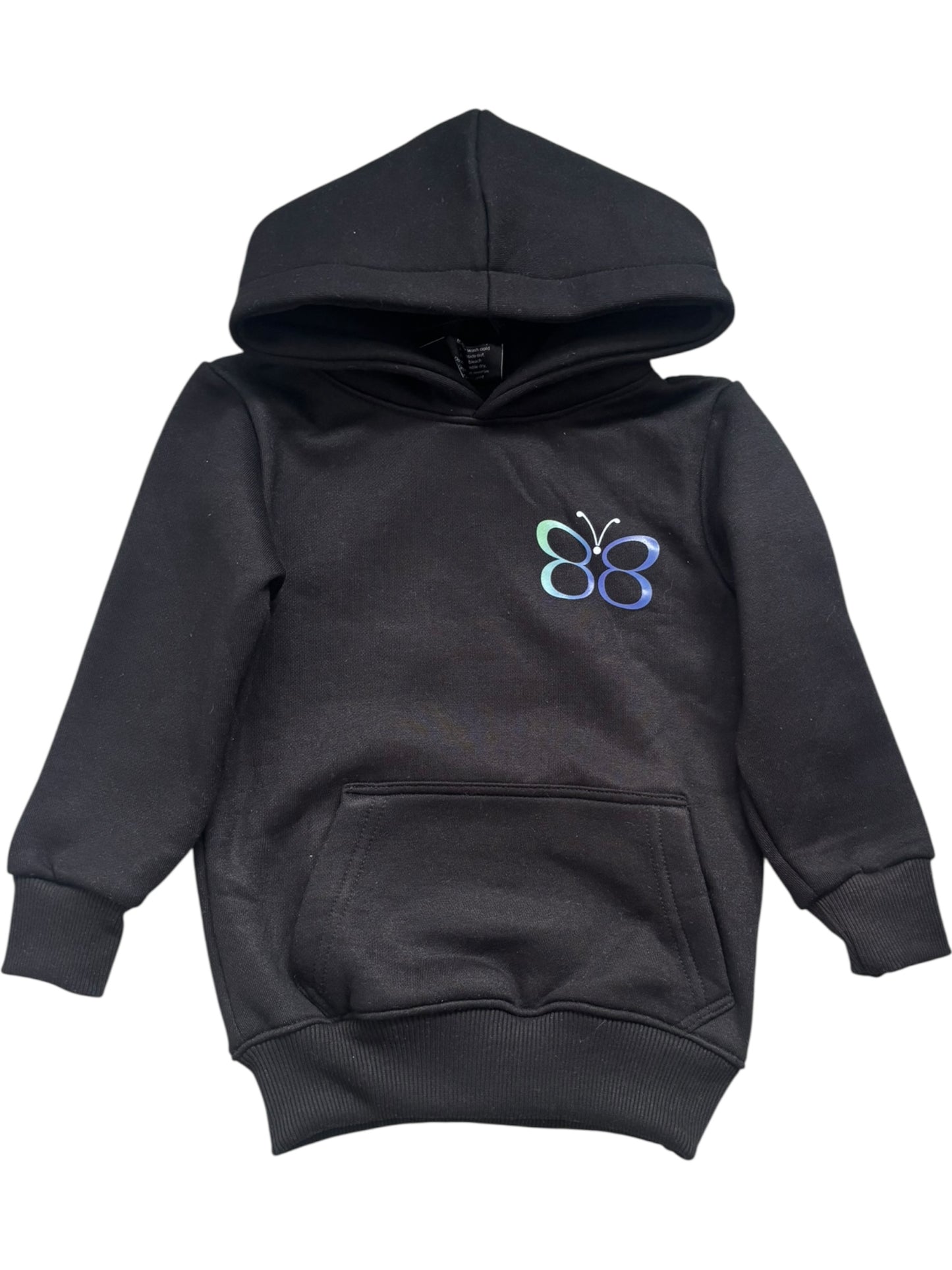 Black hoodie with a butterfly design on a white background