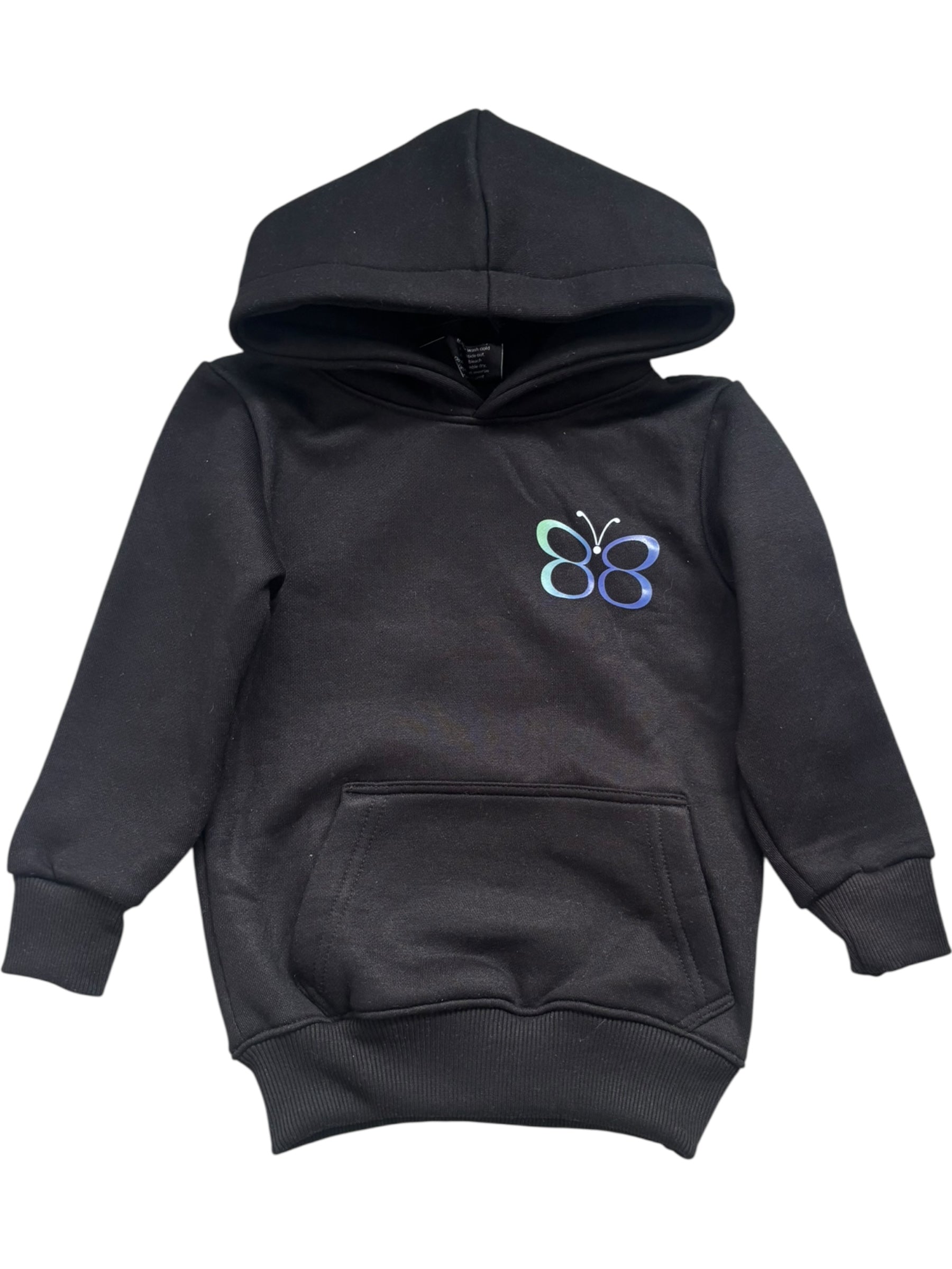 Black hoodie with a butterfly design on a white background