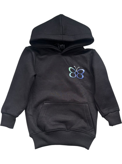Black hoodie with a butterfly design on a white background