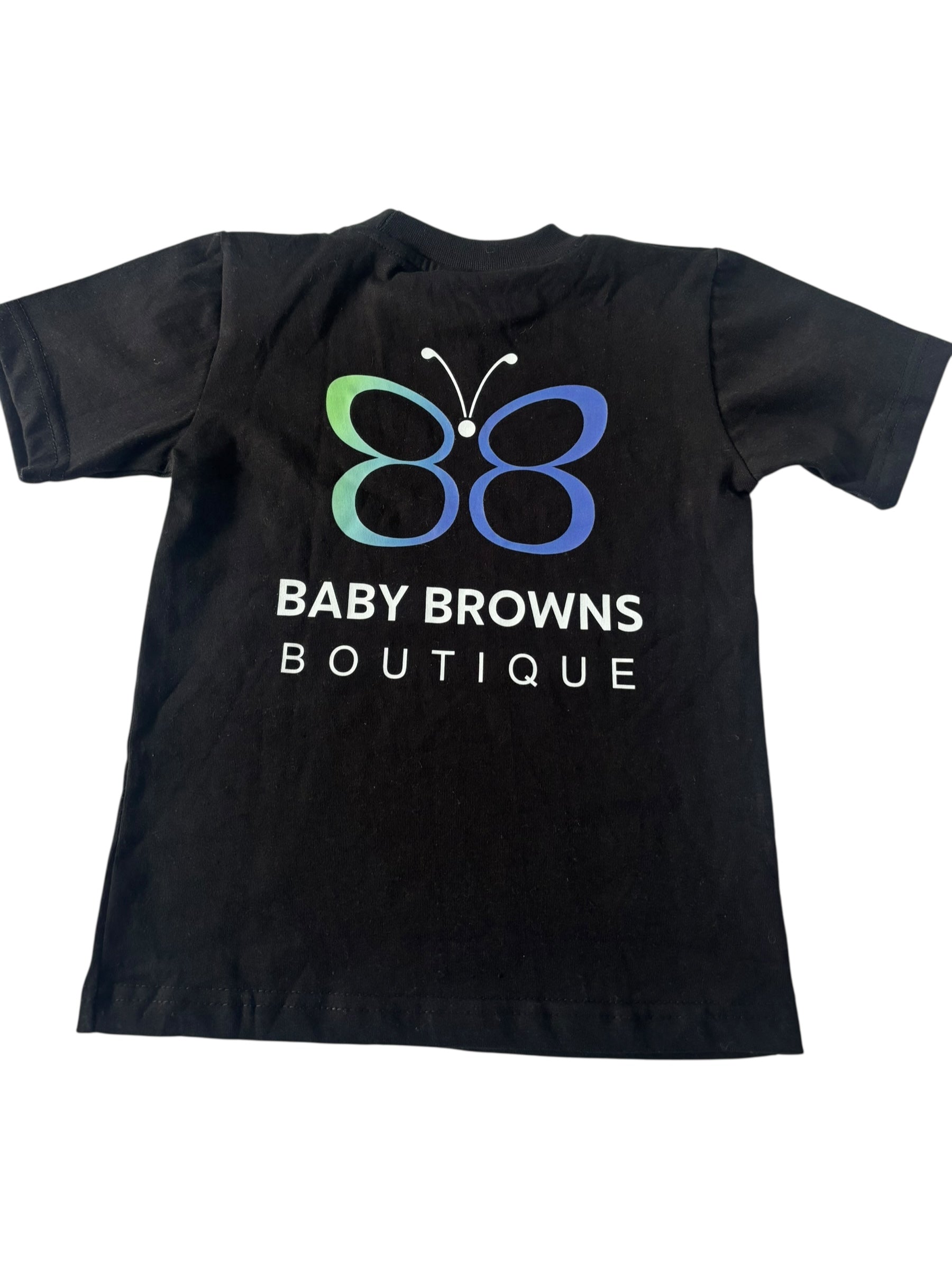 Black t-shirt with a colorful butterfly logo and 'Baby Browns Boutique' text on a white background
