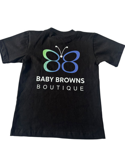 Black t-shirt with a colorful butterfly logo and 'Baby Browns Boutique' text on a white background
