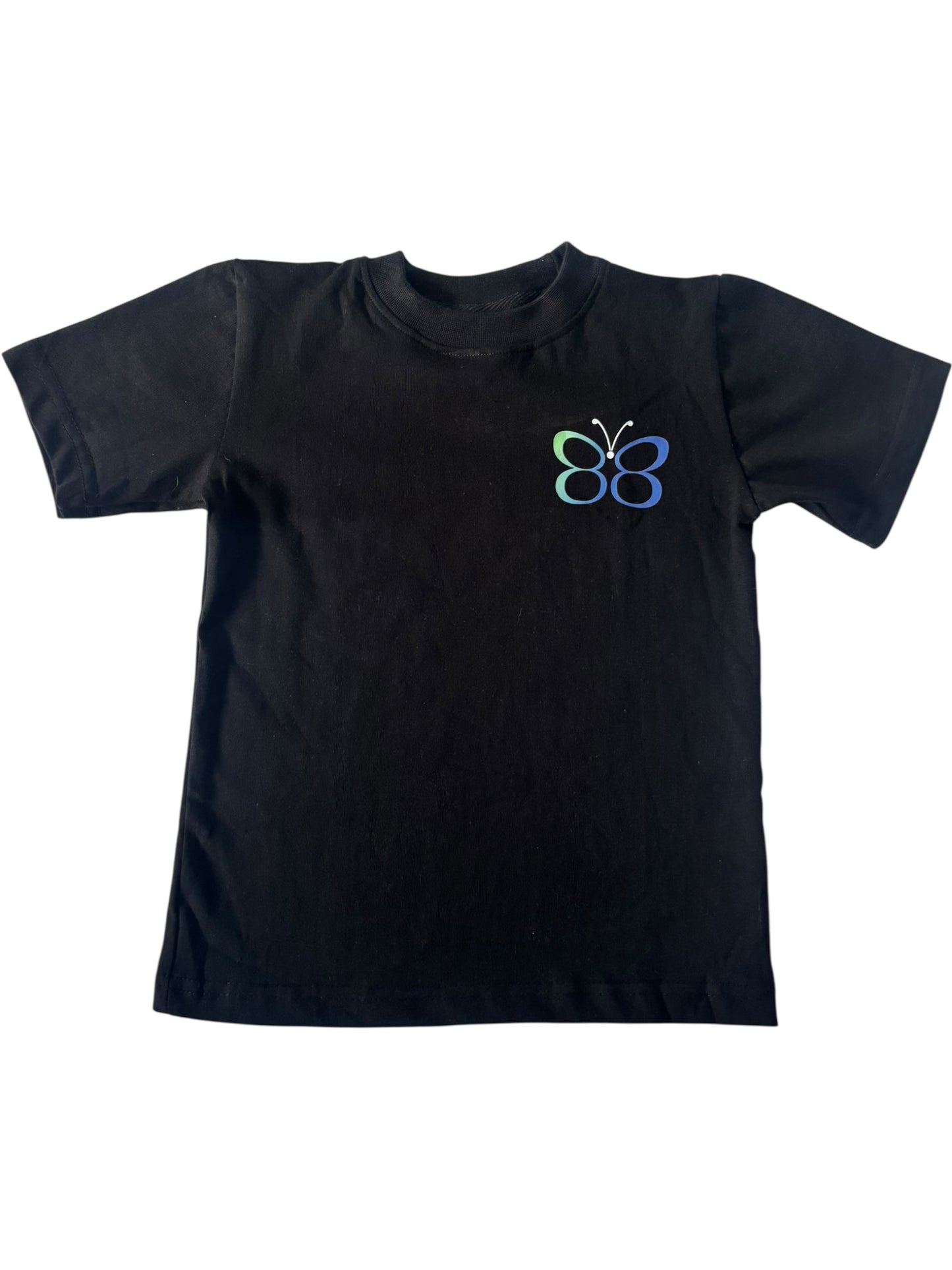 Black t-shirt with a blue butterfly design on a white background