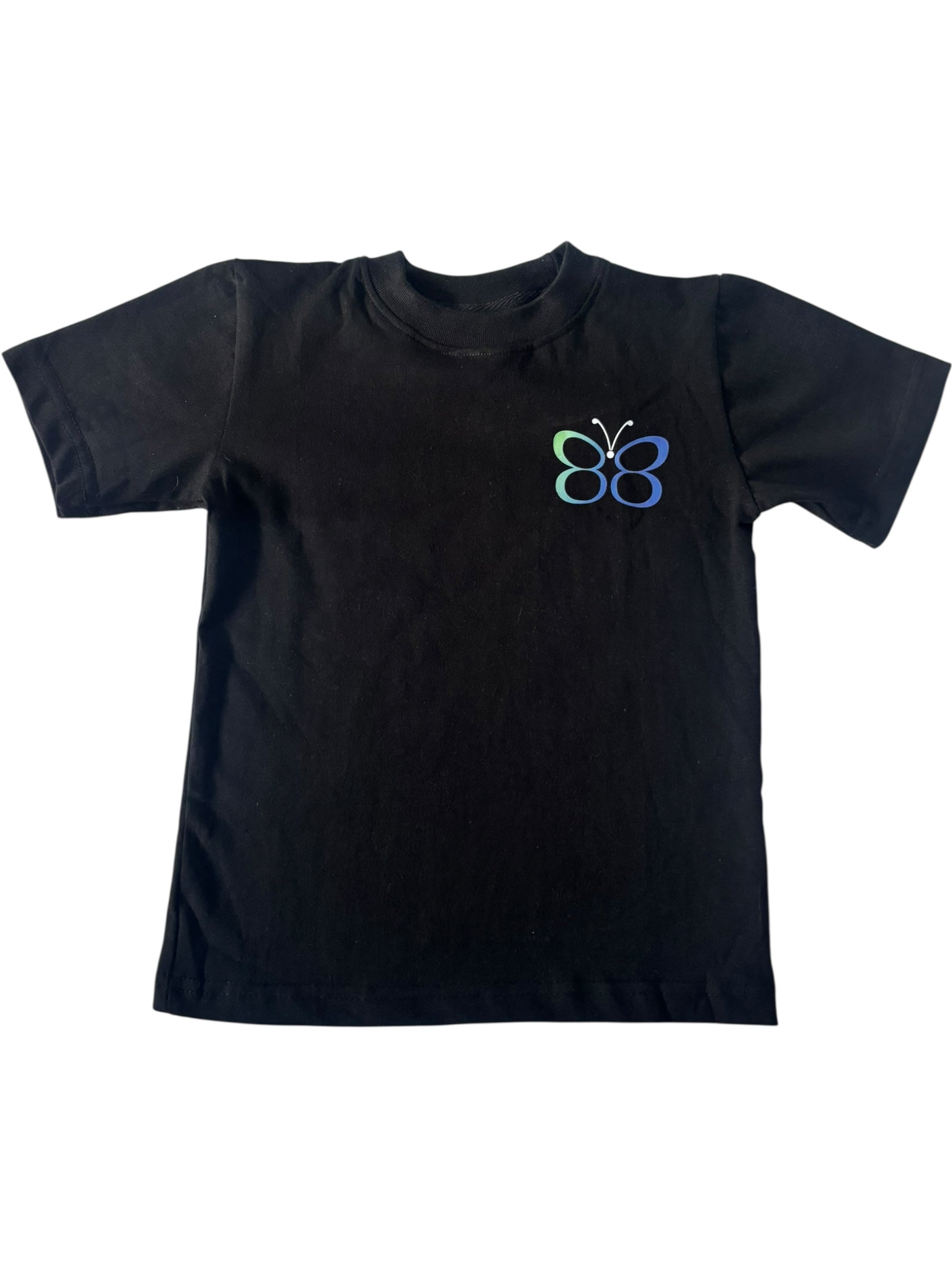 Black t-shirt with a blue butterfly design on a white background