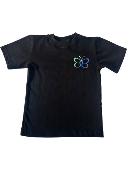 Black t-shirt with a blue butterfly design on a white background