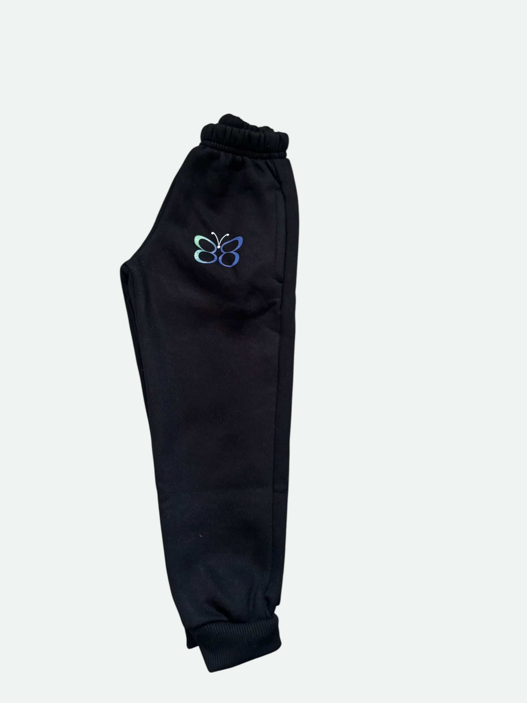 Black sweatpants with a blue butterfly logo on a white background
