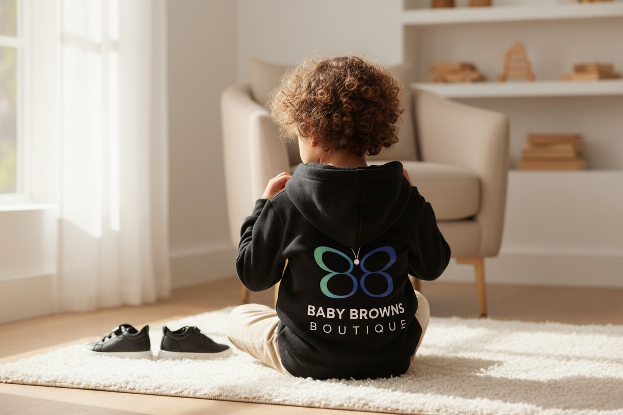 Child sitting on a rug wearing a black hoodie with a logo and text, in a room with a couch and shelves.