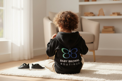 Child sitting on a rug wearing a black hoodie with a logo and text, in a room with a couch and shelves.