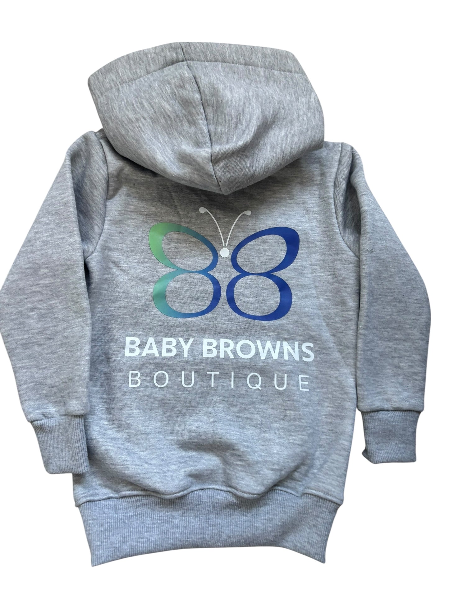 Gray hoodie with a butterfly logo and 'Baby Browns Boutique' text on the back.