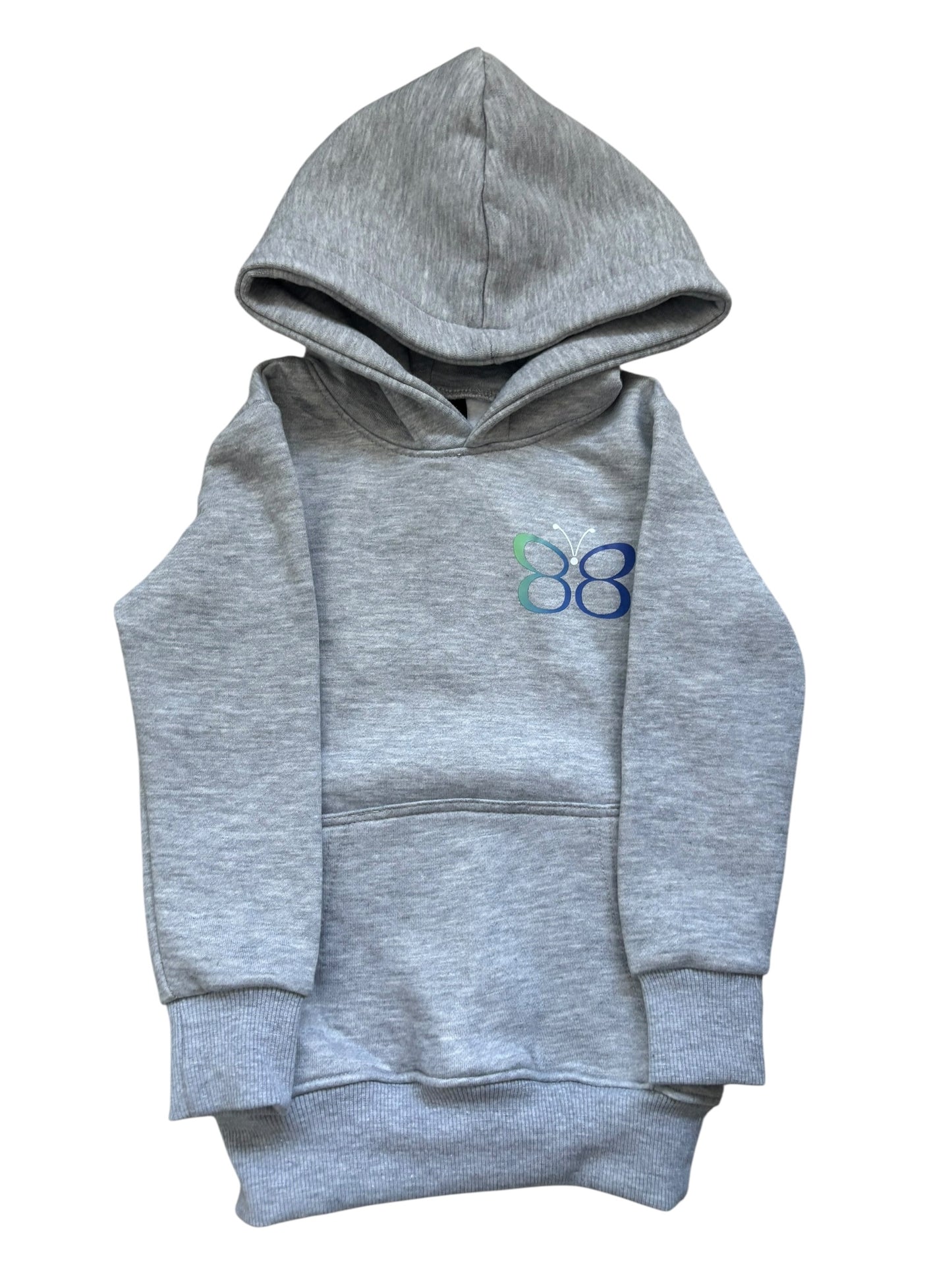 Gray hoodie with a blue logo on a white background