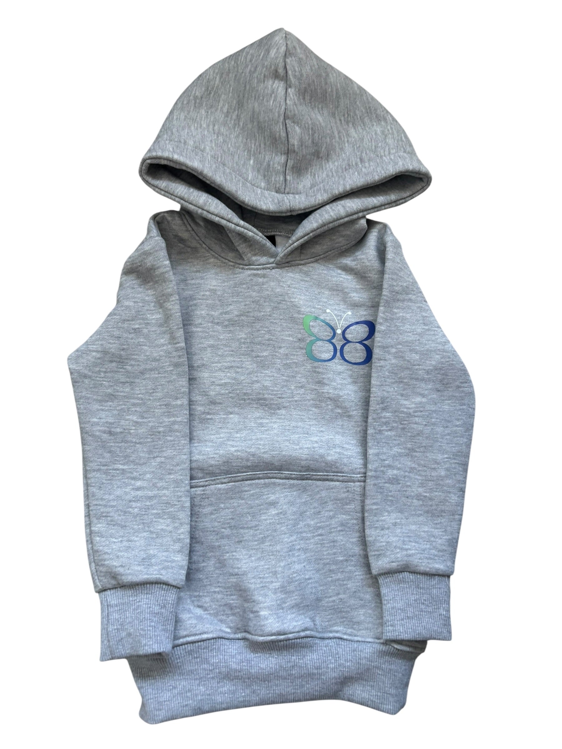 Gray hoodie with a blue logo on a white background