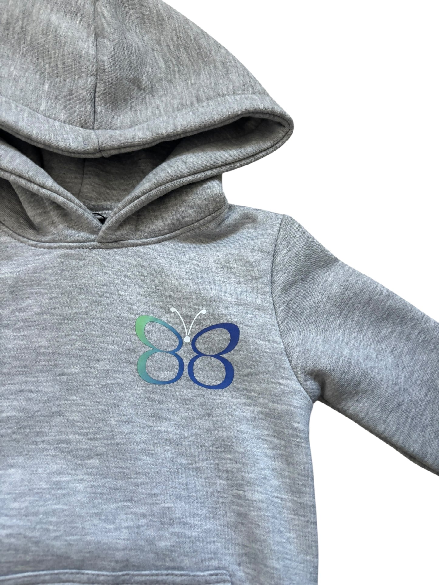 Gray hoodie with a butterfly logo on a white background