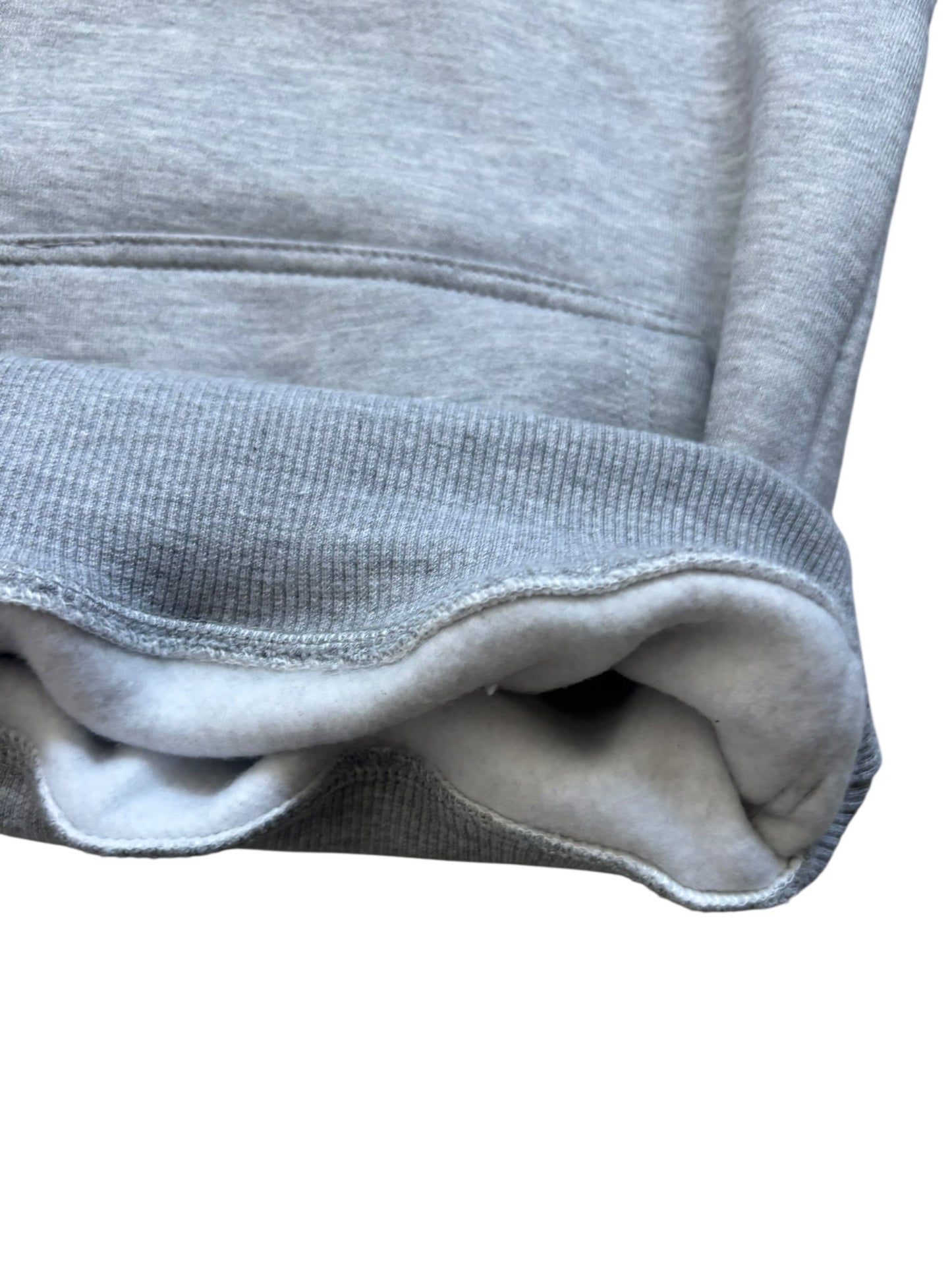 Close-up of a gray sweatshirt with a white background