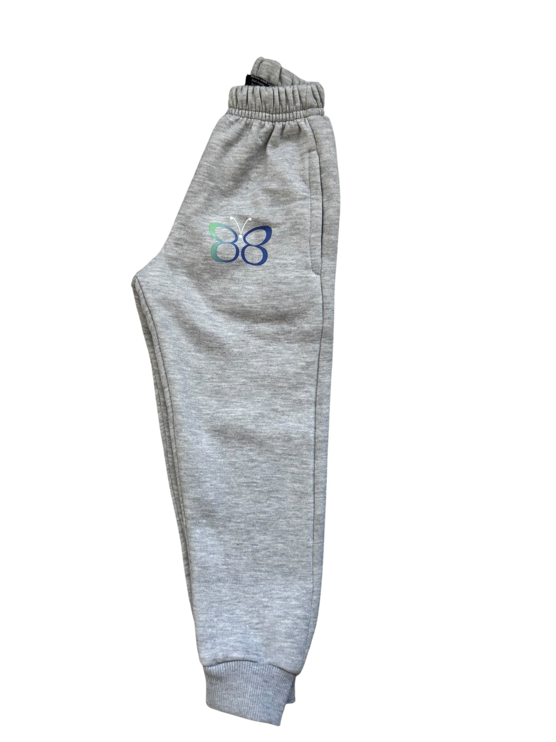 Gray sweatpants with a logo on a white background