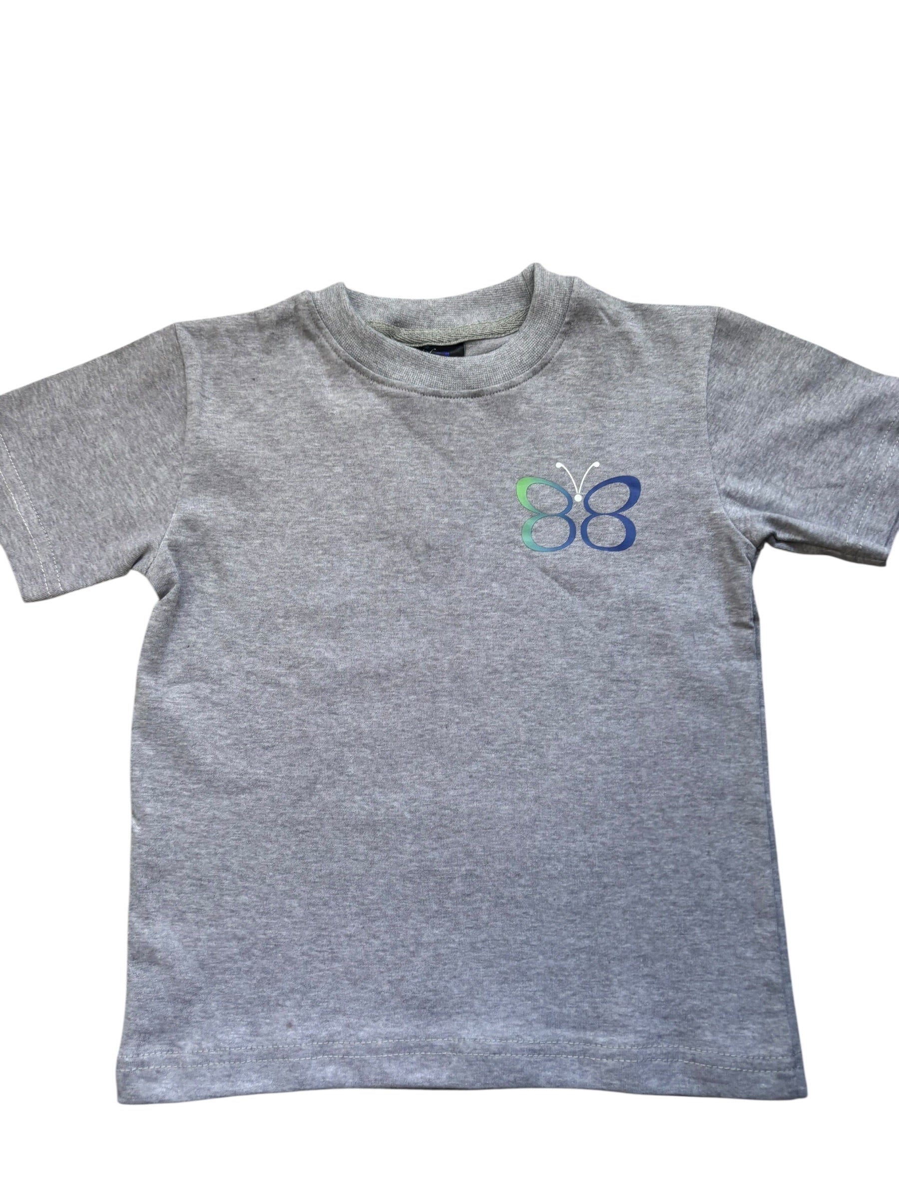 Gray t-shirt with a butterfly logo on a white background