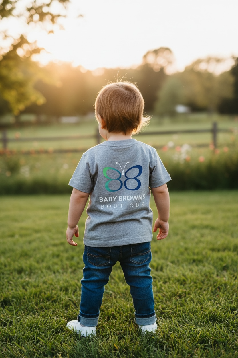 Child wearing a gray t-shirt with a brand logo, standing in a grassy field at sunset.