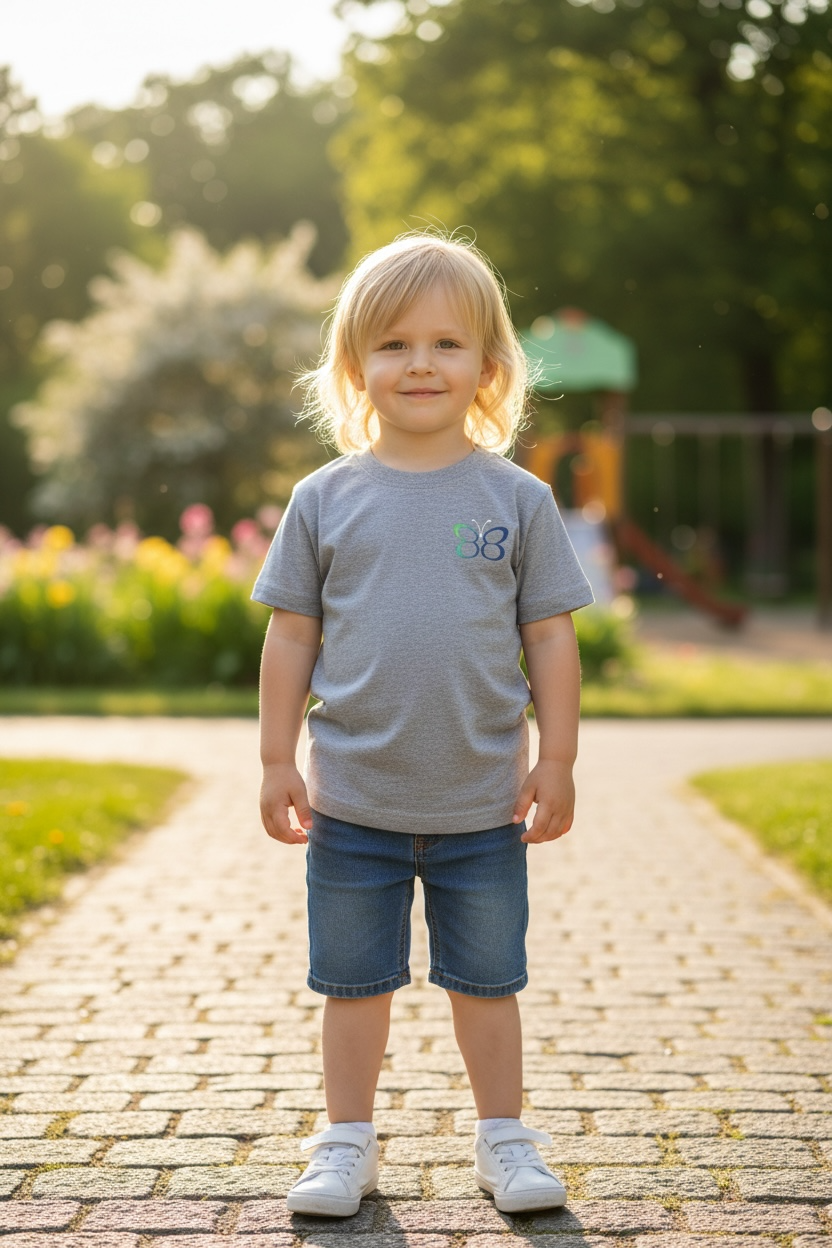 Child standing on a paved path in a park with trees and people in the background