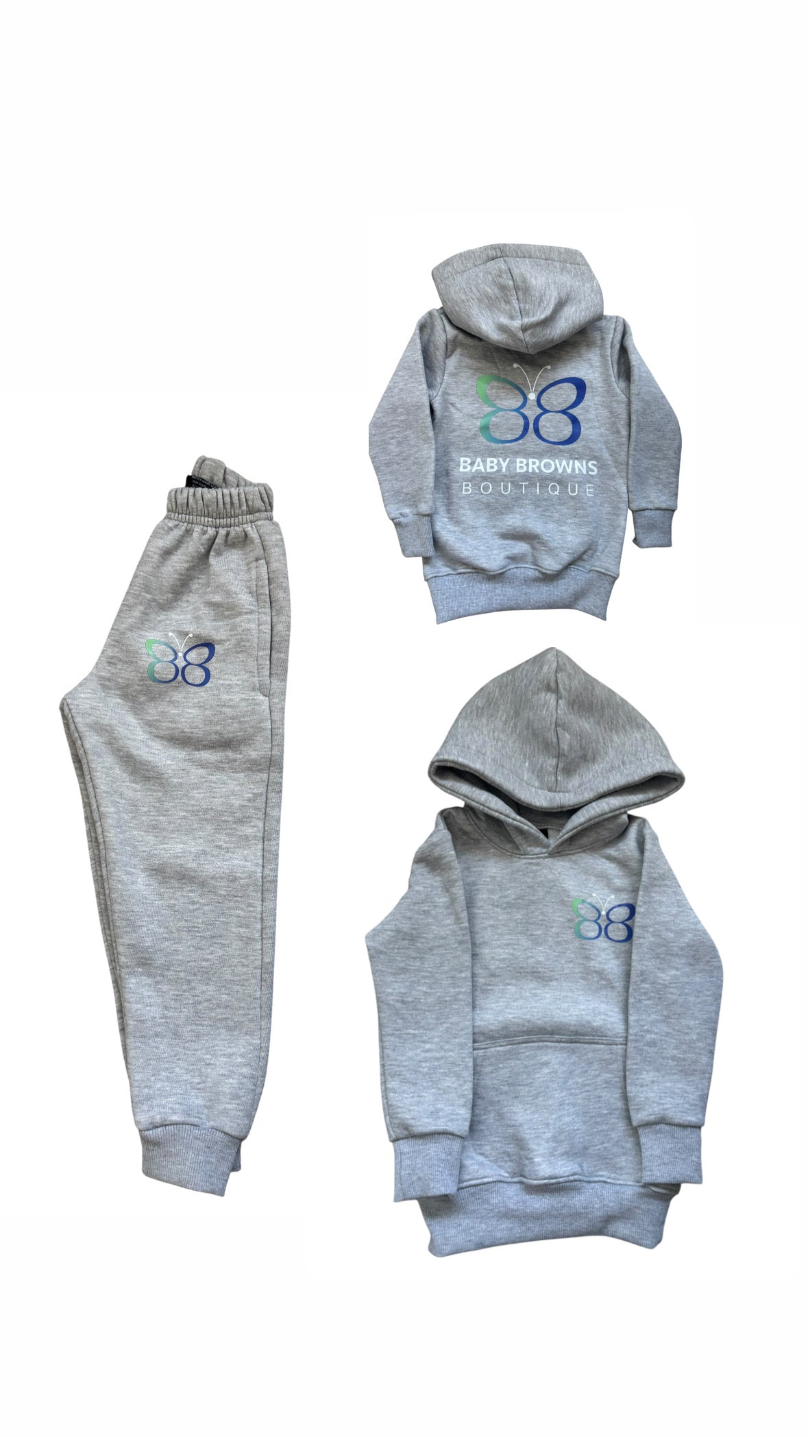 Gray children's hoodie and pants set with a logo on a white background