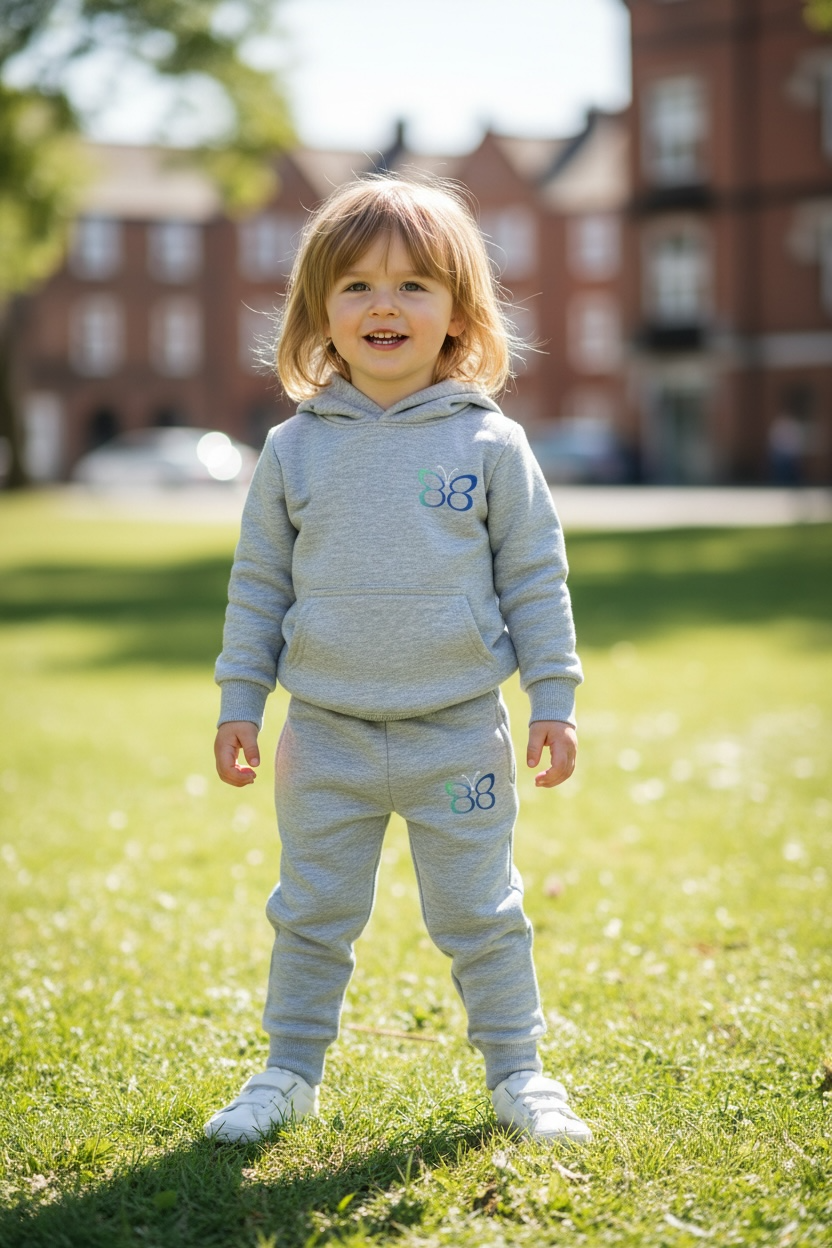 Child wearing a gray hoodie and pants set with a logo, standing on grass.