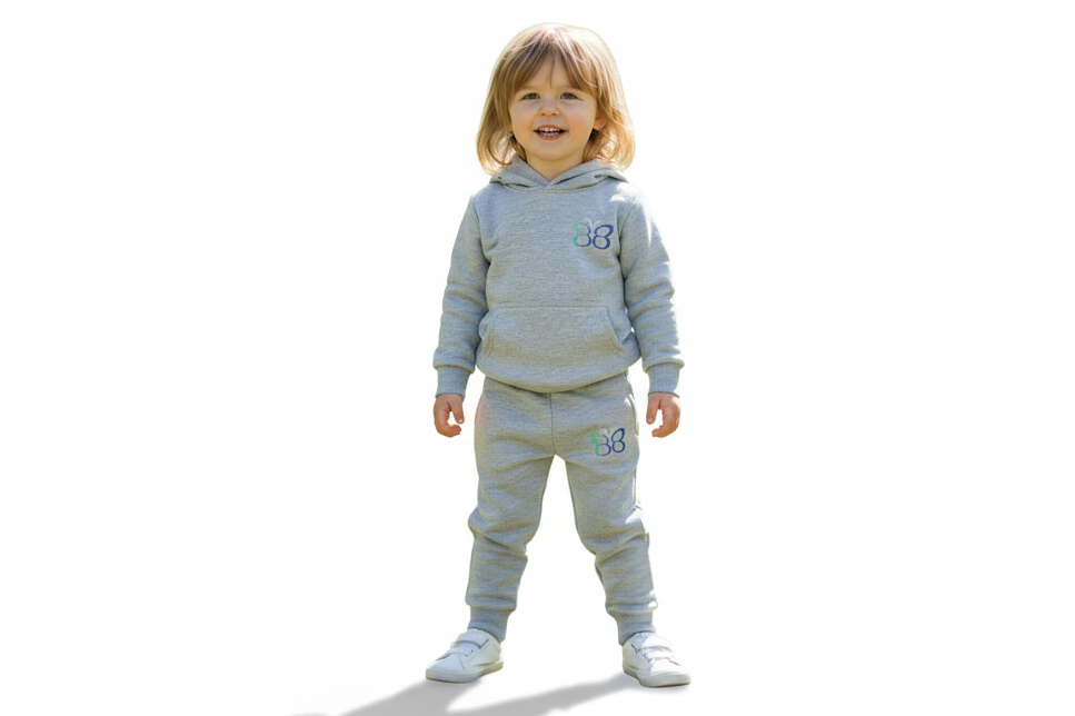 Child wearing a gray tracksuit with a butterfly design on a white background